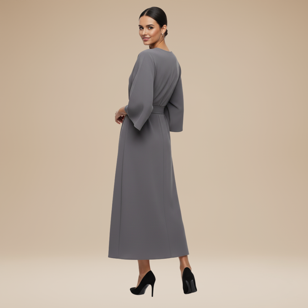 Nives | Elegant Wide-Sleeve Midi Dress with Waist Belt
