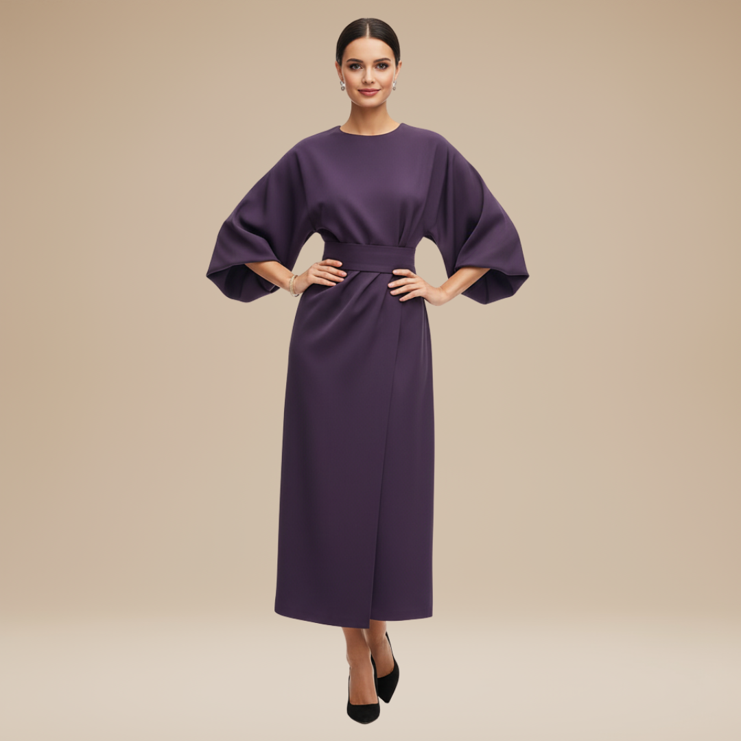 Nives | Elegant Wide-Sleeve Midi Dress with Waist Belt