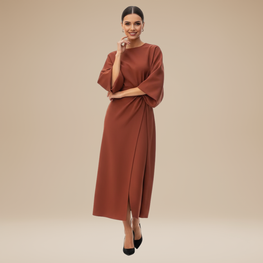 Nives | Elegant Wide-Sleeve Midi Dress with Waist Belt
