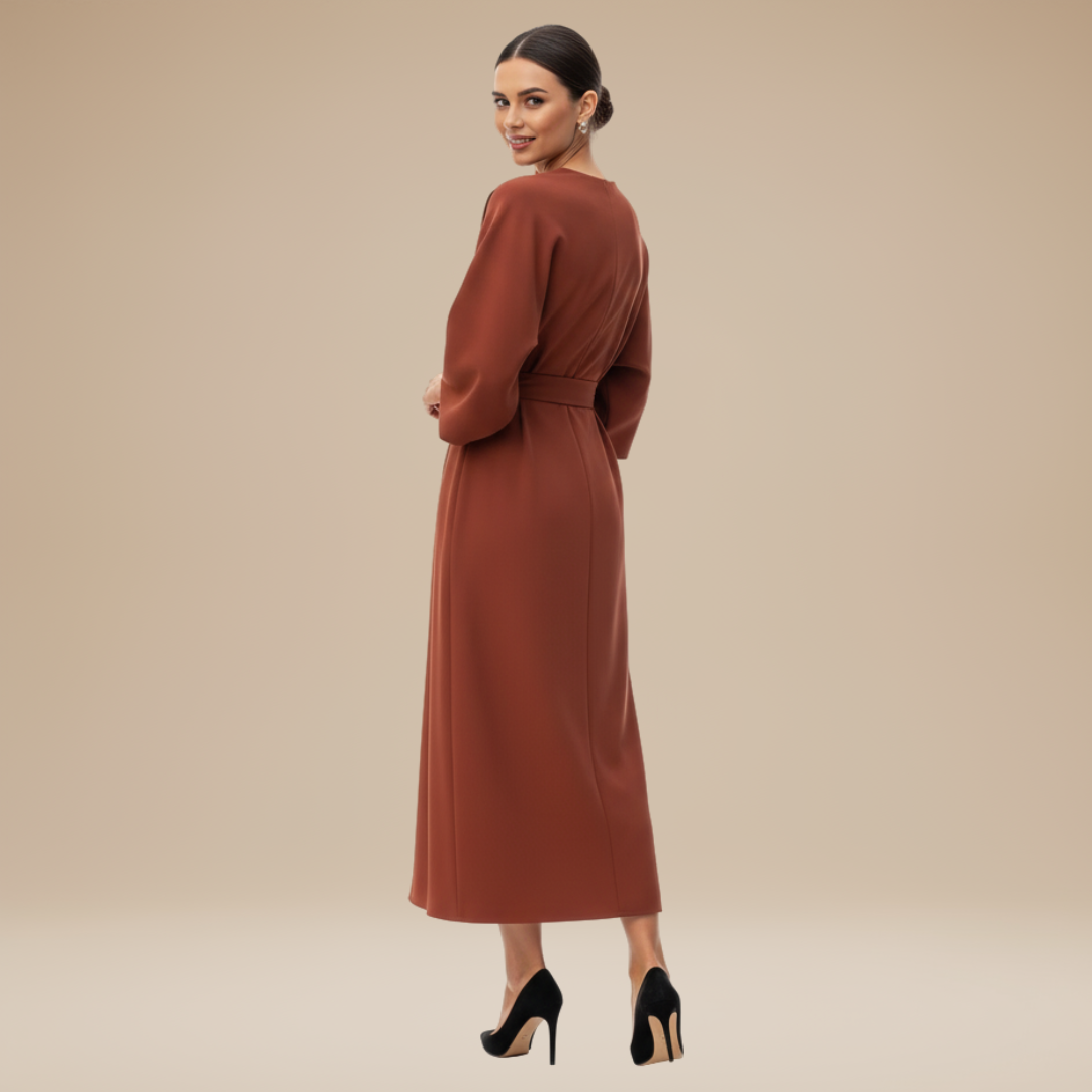 Nives | Elegant Wide-Sleeve Midi Dress with Waist Belt