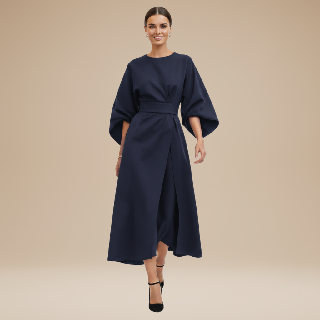 Nives | Elegant Wide-Sleeve Midi Dress with Waist Belt