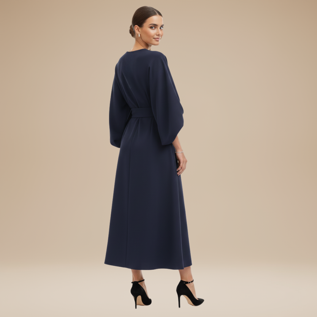 Nives | Elegant Wide-Sleeve Midi Dress with Waist Belt