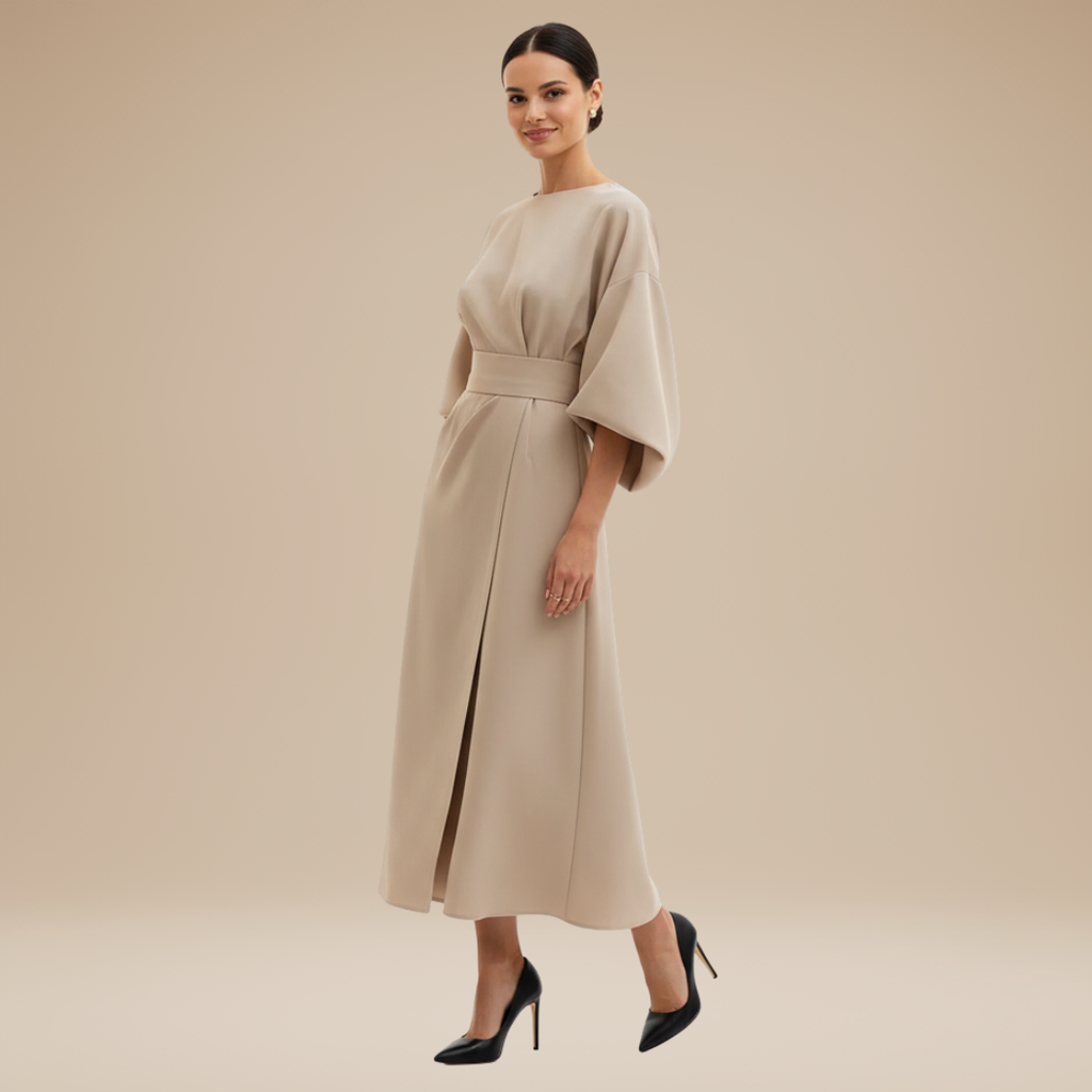 Nives | Elegant Wide-Sleeve Midi Dress with Waist Belt
