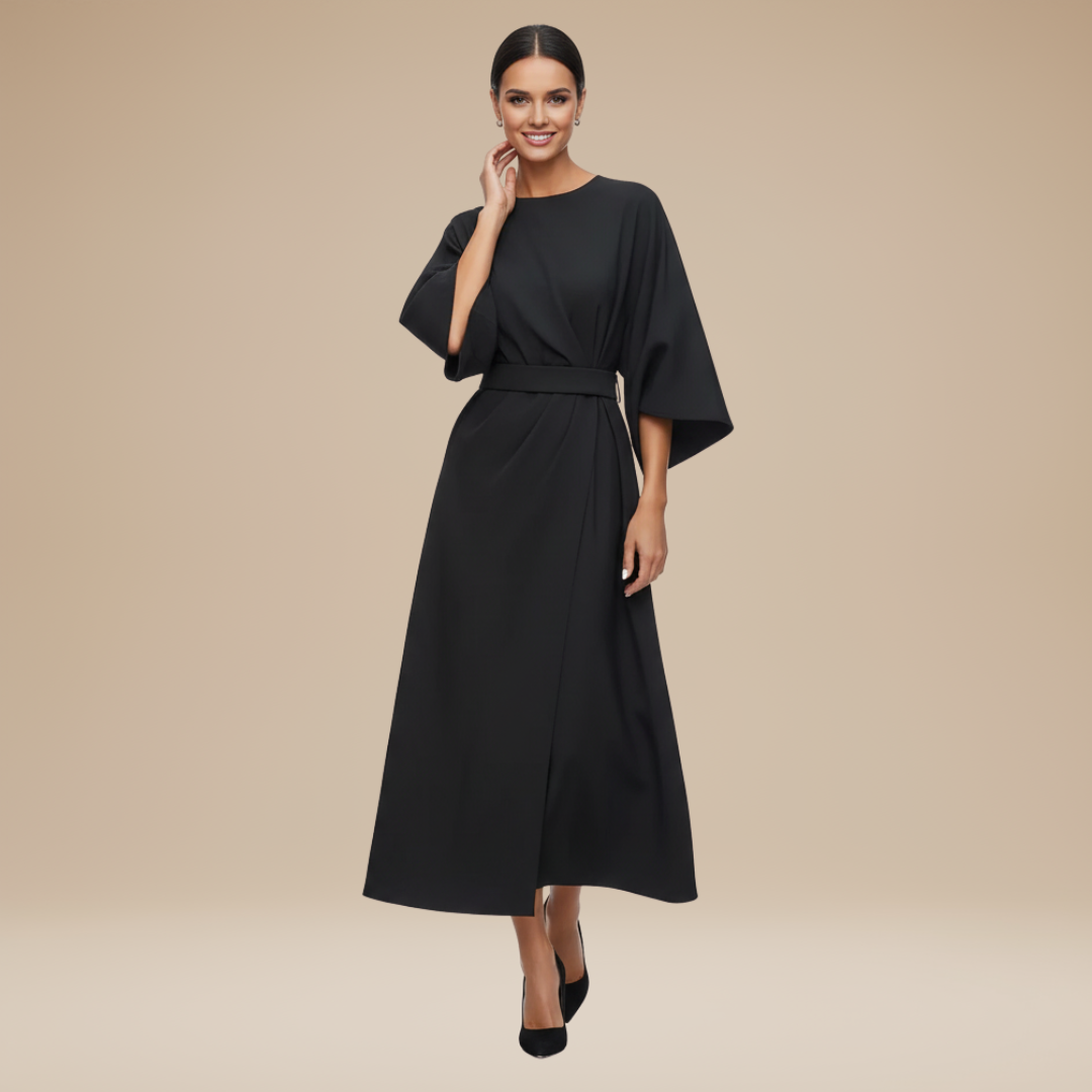Nives | Elegant Wide-Sleeve Midi Dress with Waist Belt
