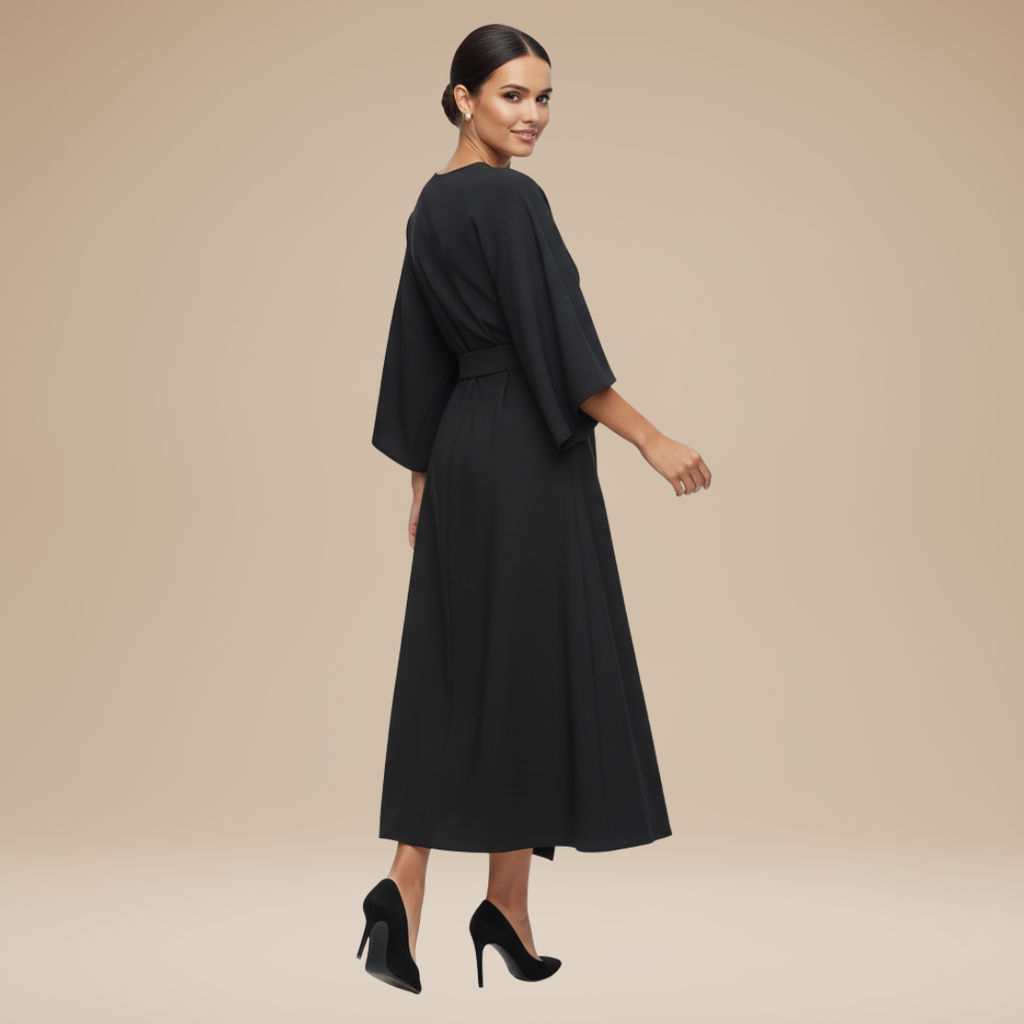 Nives | Elegant Wide-Sleeve Midi Dress with Waist Belt