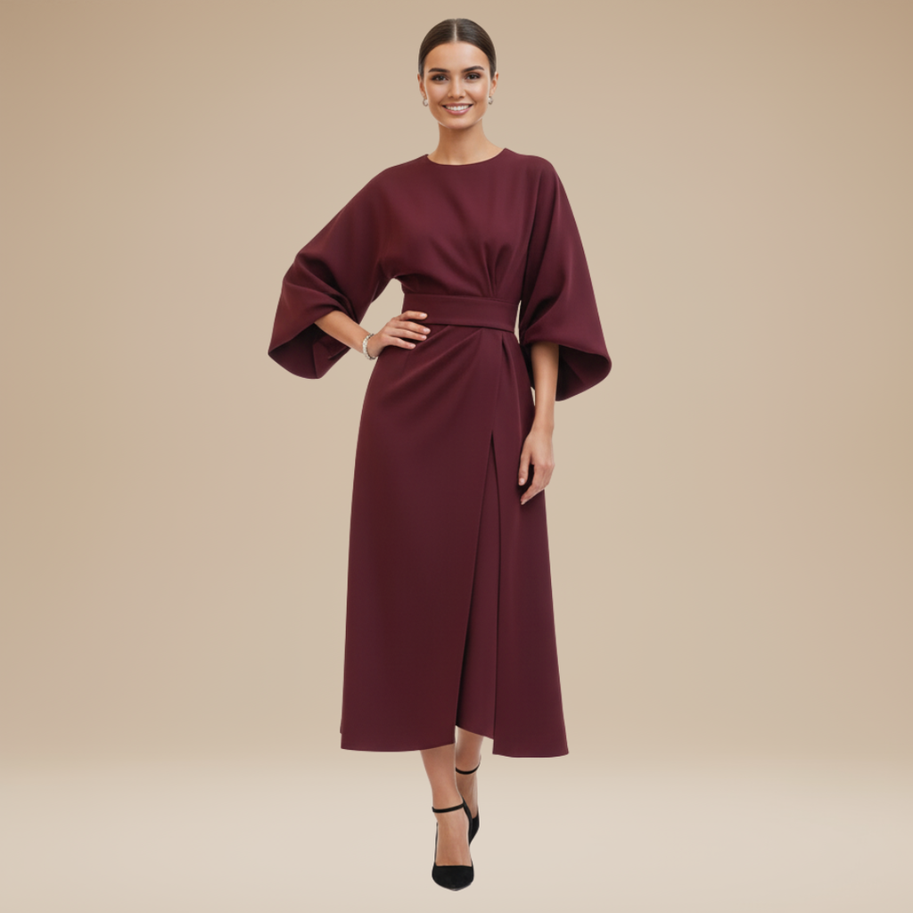 Nives | Elegant Wide-Sleeve Midi Dress with Waist Belt