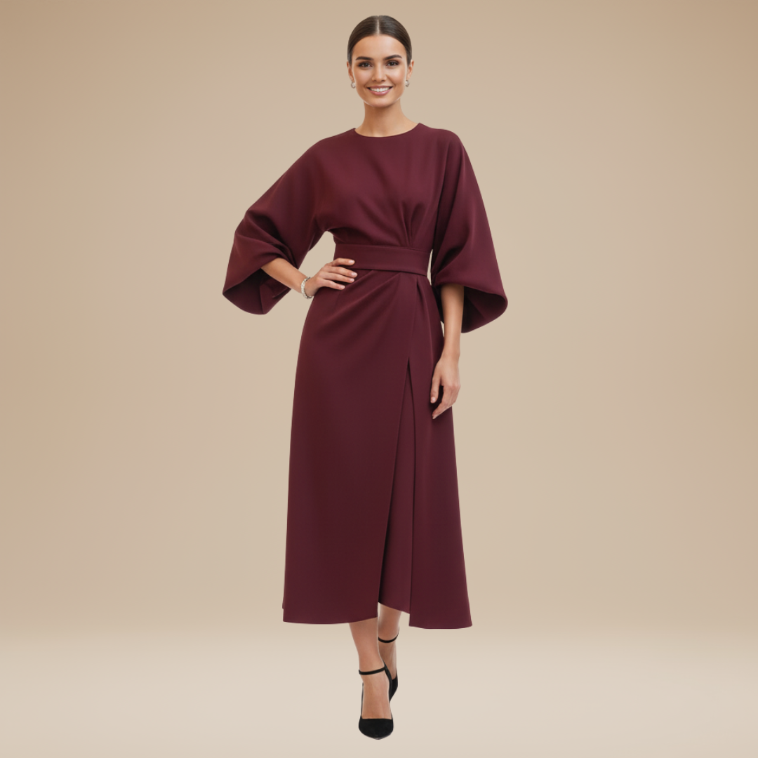Nives | Elegant Wide-Sleeve Midi Dress with Waist Belt