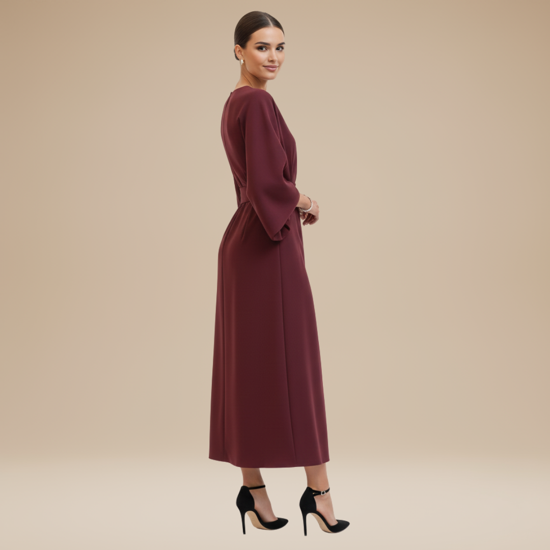 Nives | Elegant Wide-Sleeve Midi Dress with Waist Belt