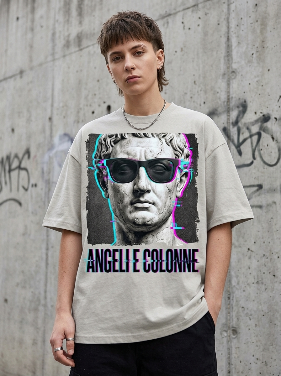 T-Shirt Streetwear "Angeli e Colonne" — Grigio Pietra Oversize – indossata