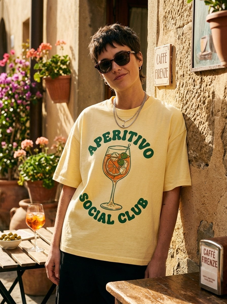 T-Shirt Streetwear "Aperitivo Social Club" — Gialla Oversize – indossata
