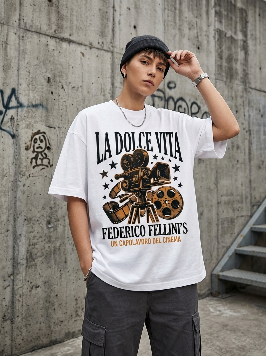 T-Shirt Streetwear "La Dolce Vita" — Bianca Oversize – indossata