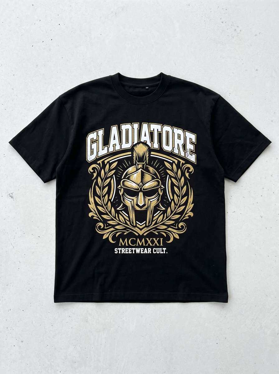 T-Shirt Streetwear "Gladiatore" — Nera Oversize – fronte