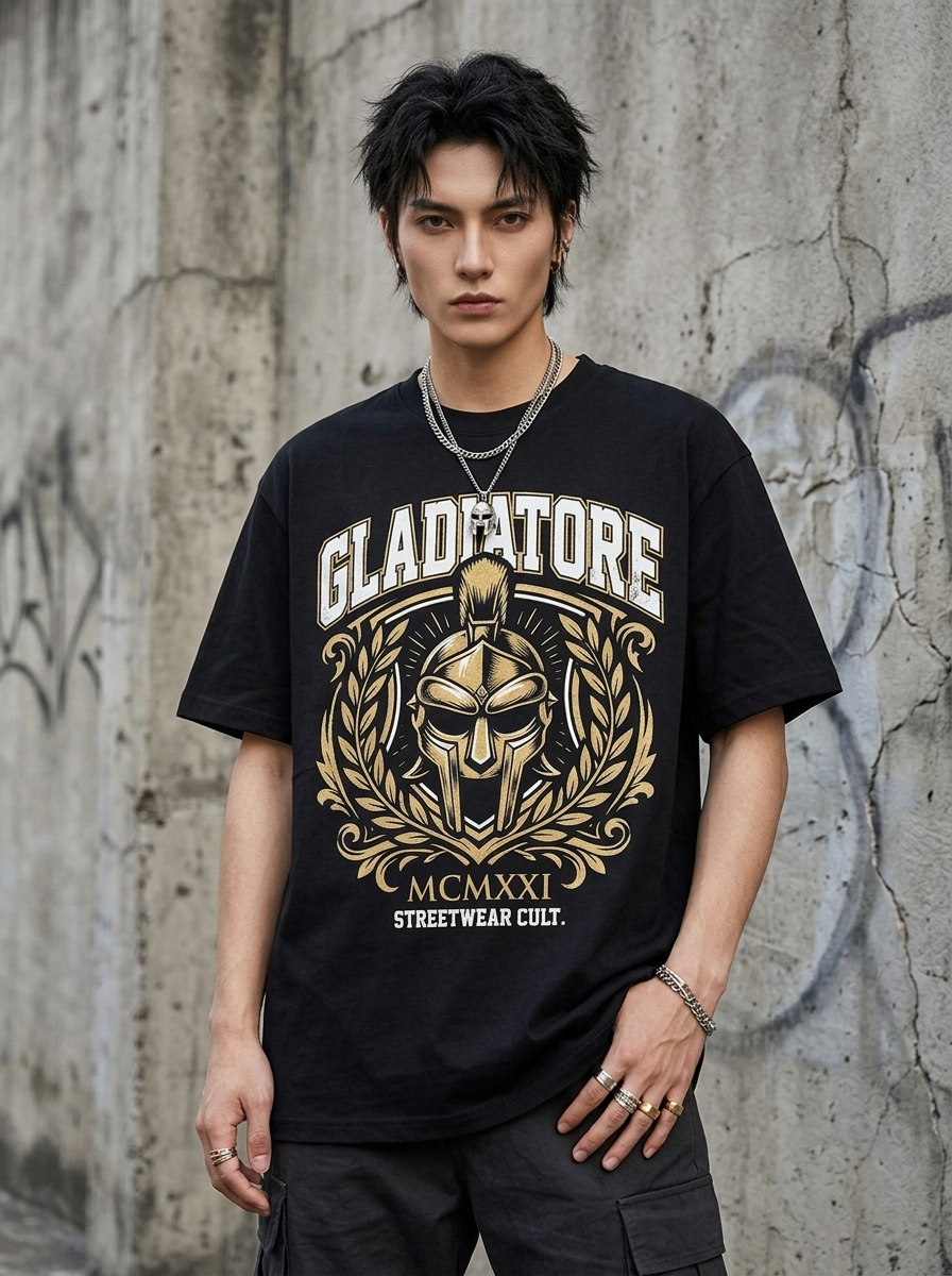 T-Shirt Streetwear "Gladiatore" — Nera Oversize – indossata