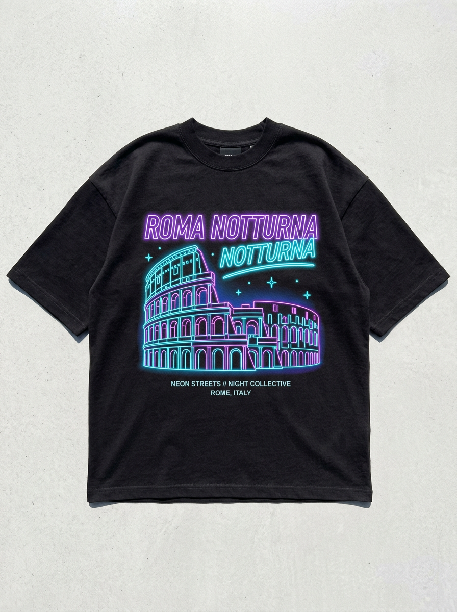T-Shirt Streetwear "Roma Notturna" — Nera Oversize – fronte