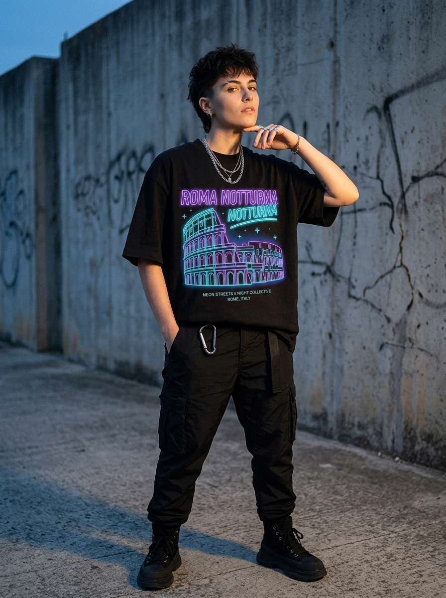T-Shirt Streetwear "Roma Notturna" — Nera Oversize – indossata