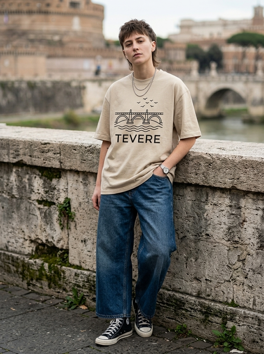 T-Shirt Streetwear "Tevere" — Sabbia Oversize – indossata