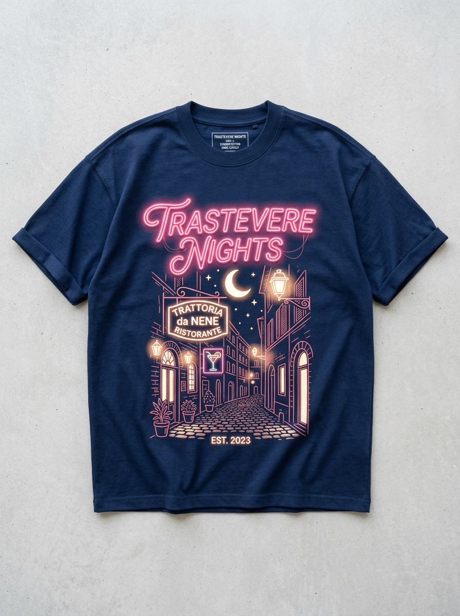 T-Shirt Streetwear "Trastevere Nights" — Blu Navy Oversize – fronte