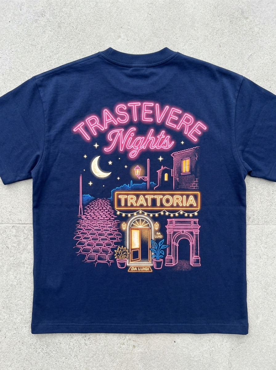 T-Shirt Streetwear "Trastevere Nights" — Blu Navy Oversize – retro
