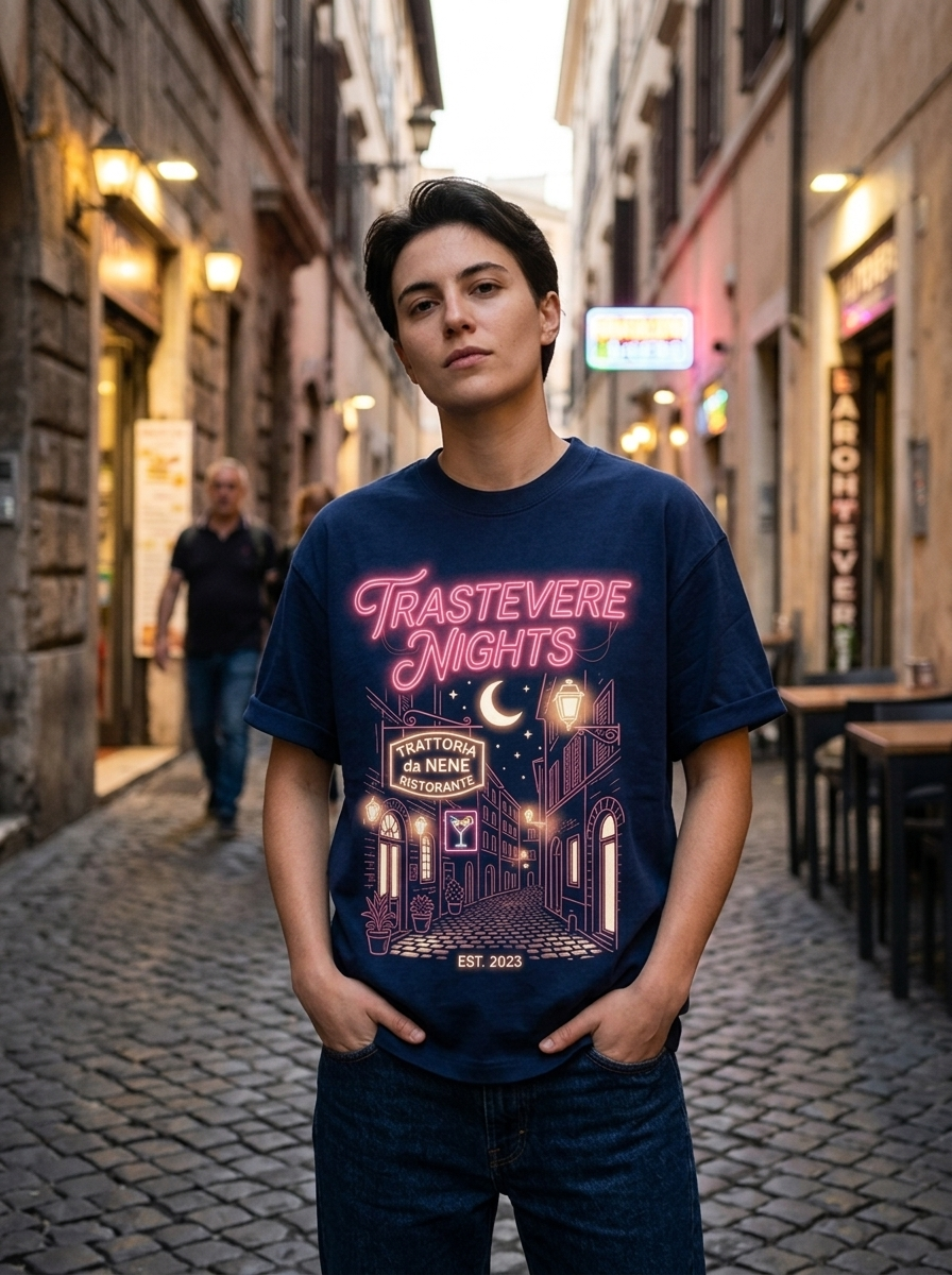 T-Shirt Streetwear "Trastevere Nights" — Blu Navy Oversize – indossata